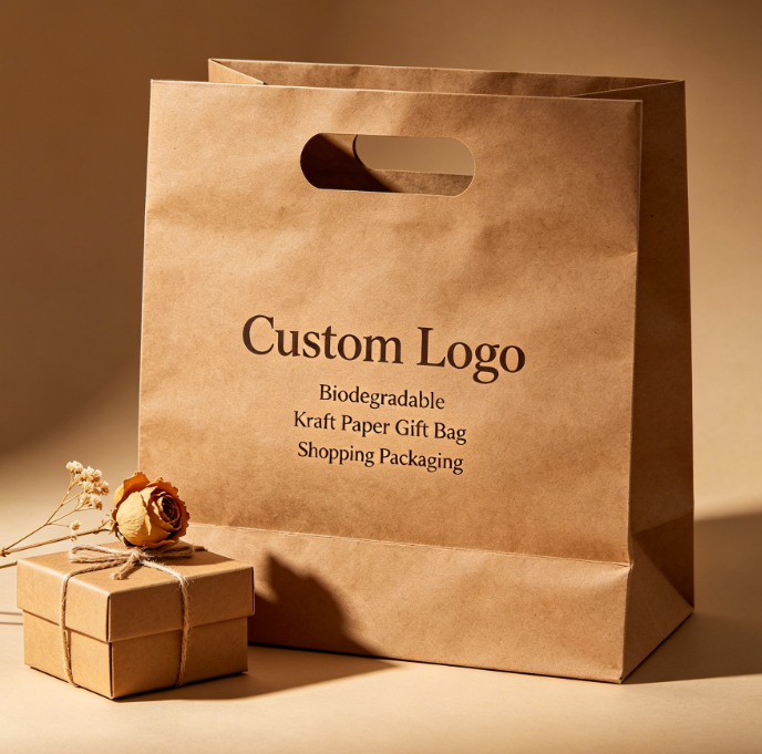 Logo tùy chỉnh Có thể phân hủy sinh học Die Cut Xử lý Túi mua sắm quà tặng giấy kraft